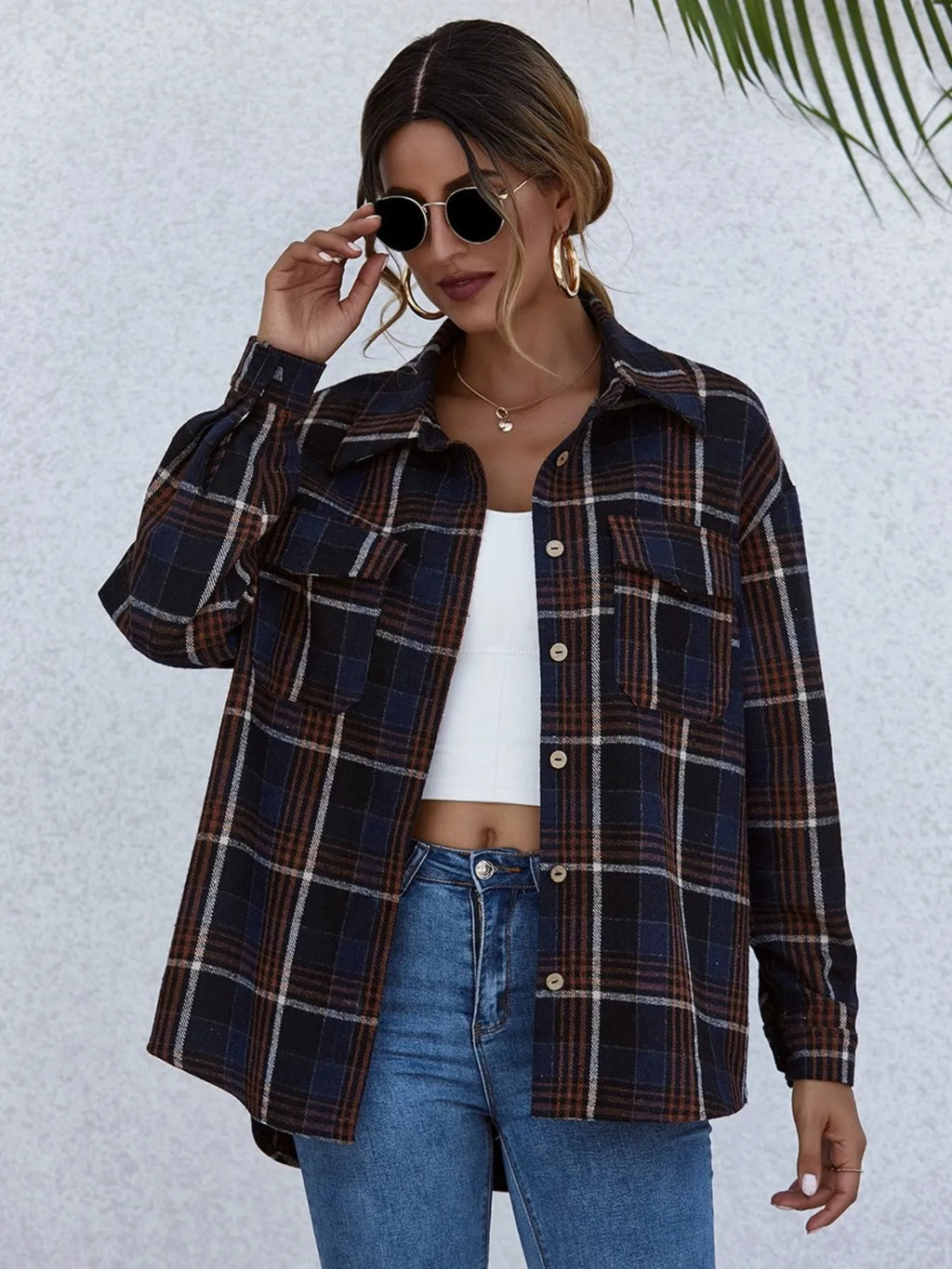 Women's Plaid Shirt Button-Up Long Sleeve Oversized Pocketed Top Dark Navy 39878432-160b-4bc0-b592-0af4c5410c70-Max-Origin Trendsi