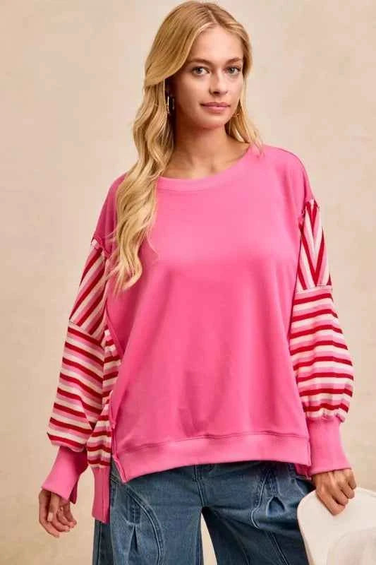 BiBi Women Sweatshirt Pink French Terry Red Stripe Combo with Open Seam Top 398a0b6571af43ccbaebdbfc2f9782d7-Max-Origin Trendsi