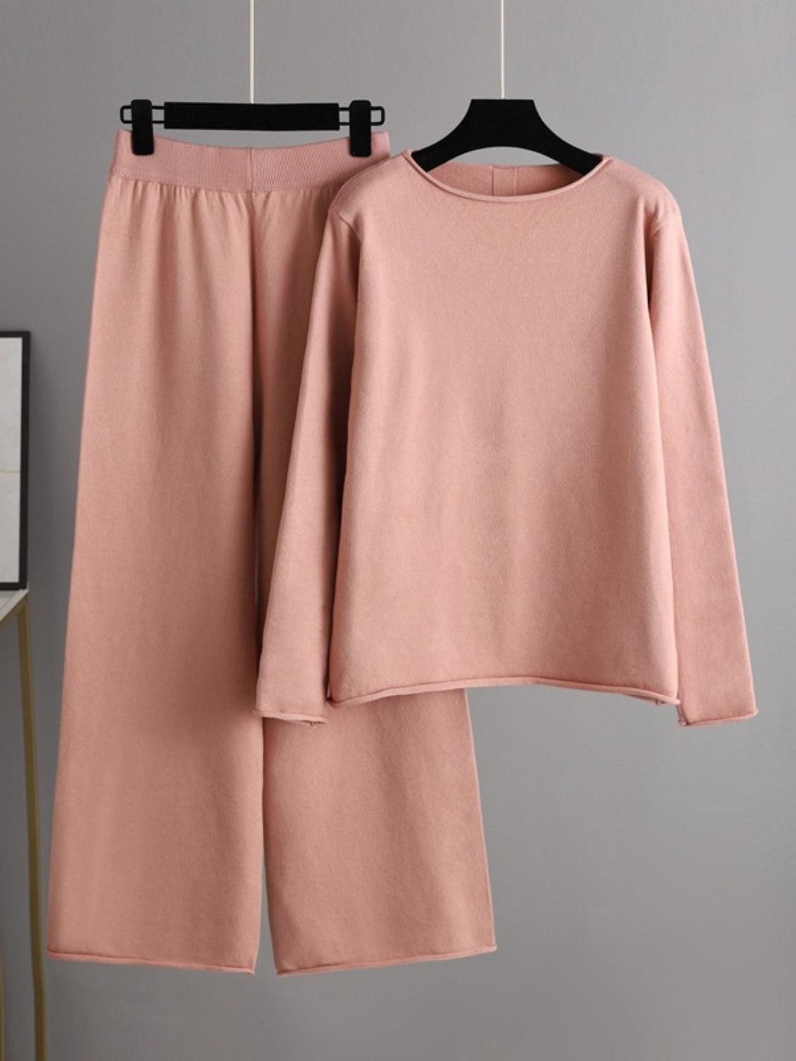 Basic Bae Outfit Sweater Set Rolled Edges Round Neck Long Sleeve Top Pants