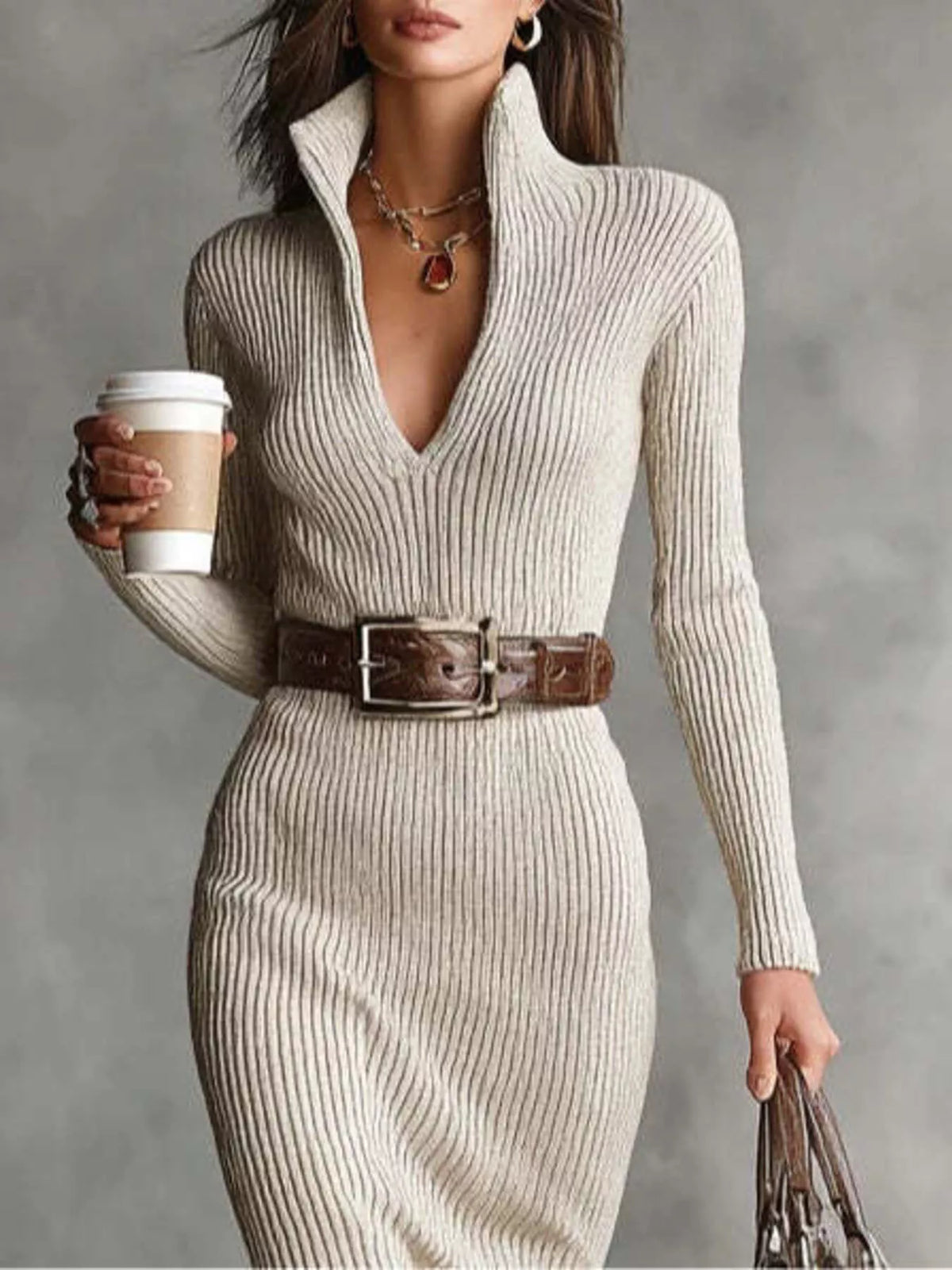 Plan mi-corps d'un modèle en robe tricotée côtelée beige focalisant sur les côtes verticales épaisses, colliers or superposés et ceinture texturée