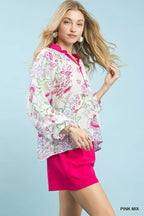Umgee Blouse Pink Mix Paisley Floral Contrast Trim Long Sleeve Top 399acb26-0daf-47aa-b35c-c2d97f54efce-Max-Origin Trendsi