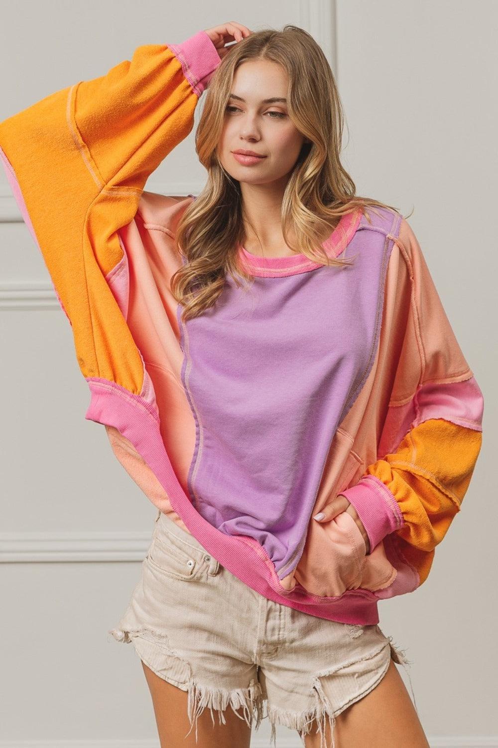 Sweatshirt Color Block Exposed Seam with Pockets