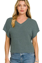 Zenana Textured Knit V-Neck Cropped Sweater