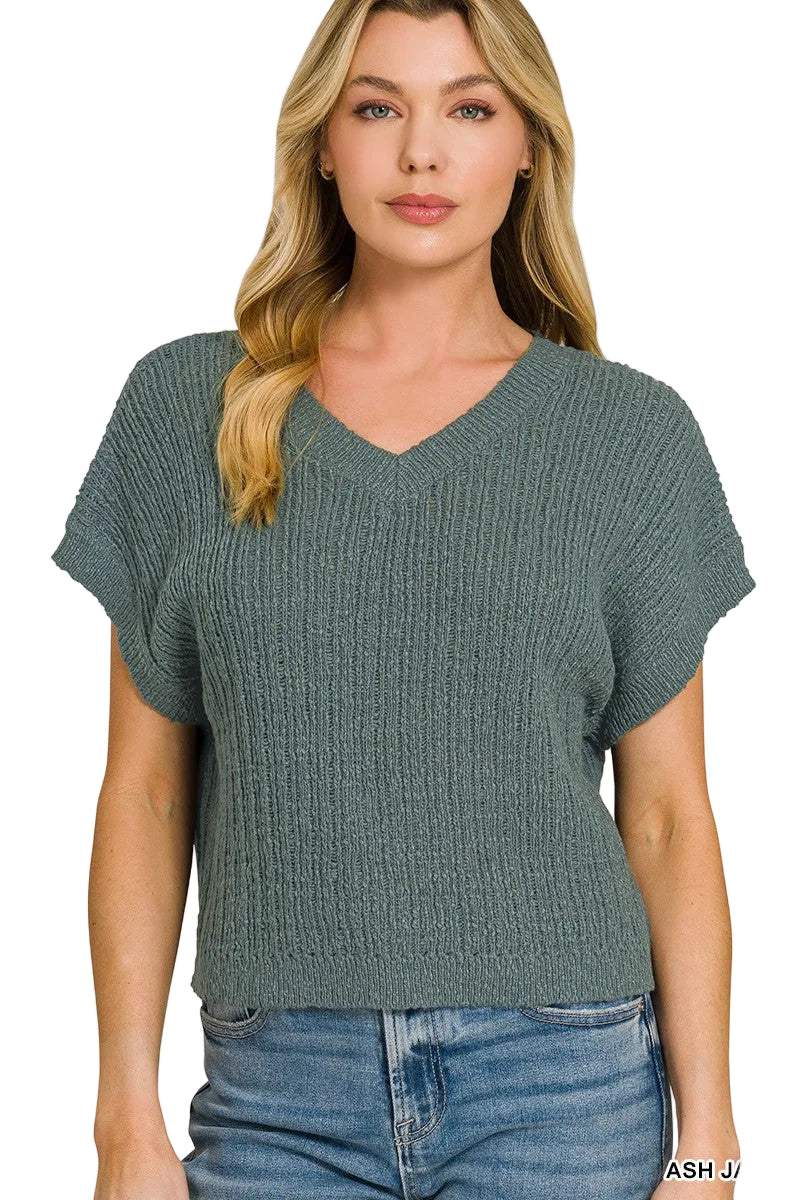 Zenana Textured Knit V-Neck Cropped Sweater