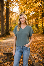 Zenana Women's Ash Jade Cotton V-Neck Cropped Sweater