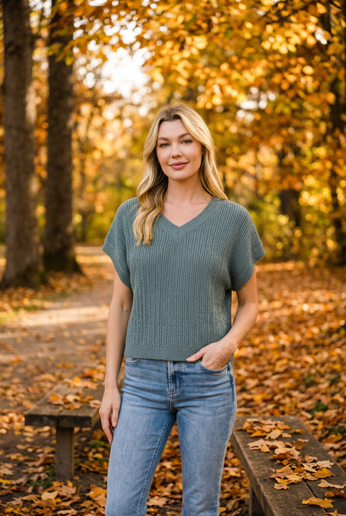 Zenana Women's Ash Jade Cotton V-Neck Cropped Sweater