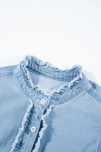 Ruffled Denim Shirt Women's Light Blue Raw Hem Short Sleeve Cotton Top 39a10302-36ec-4da7-bc19-336bbf01838a-Min Trendsi