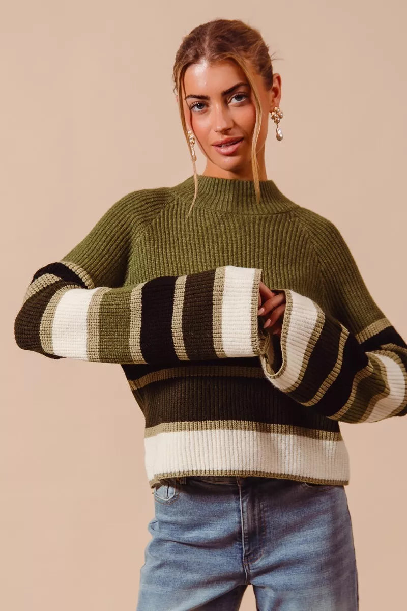 SO ME Women's Sweater Olive Striped Multi Color Mock Neck Pullover 39a4859ade304c95b1a8768e9e2b58a9-Max-Origin Trendsi