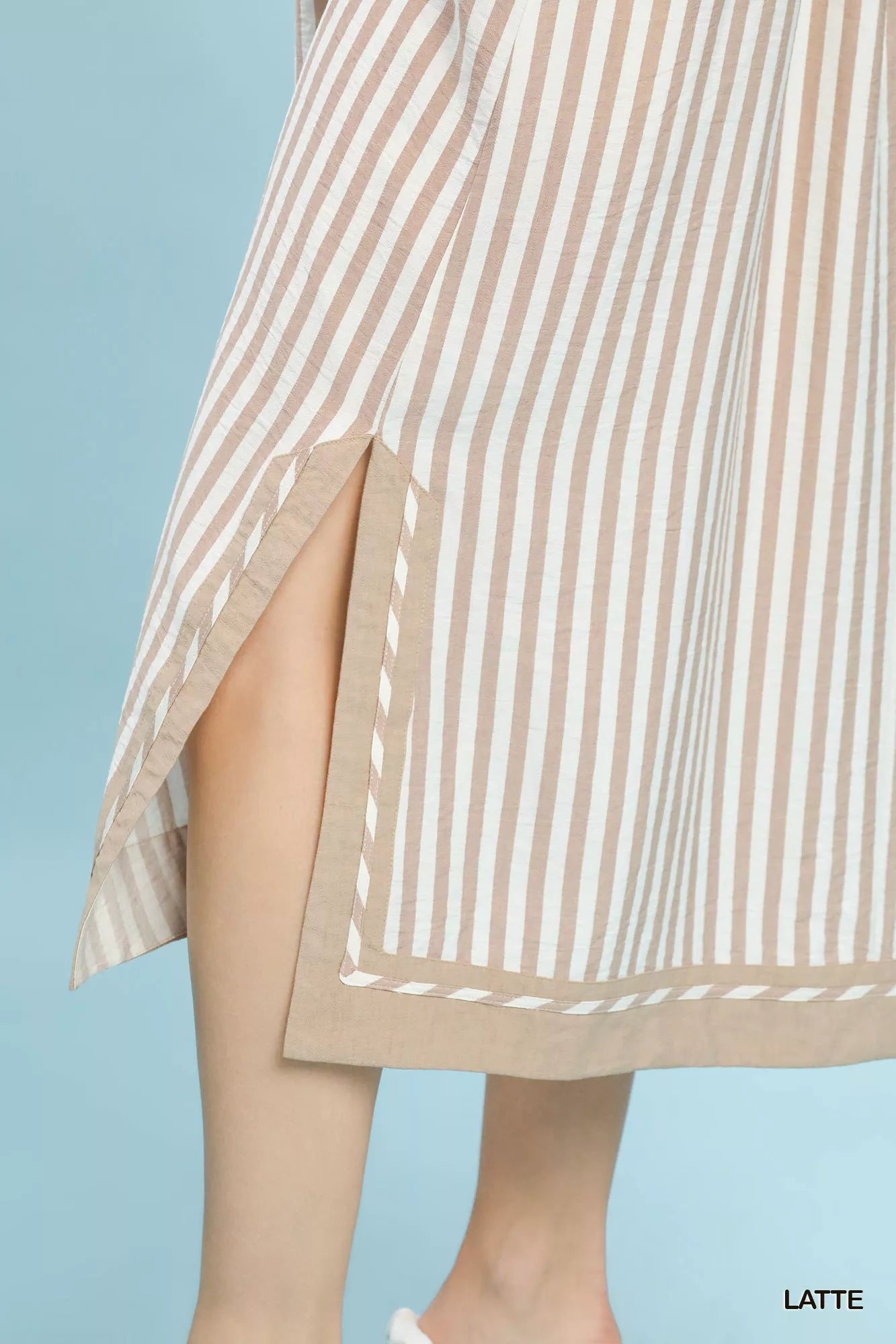 Umgee Midi Dress Latte Coastal Stripe with Side Slit Buttoned Short Sleeve 39a8d654-6b76-458c-bc2e-0fcac42d8f4c-Max-Origin Trendsi