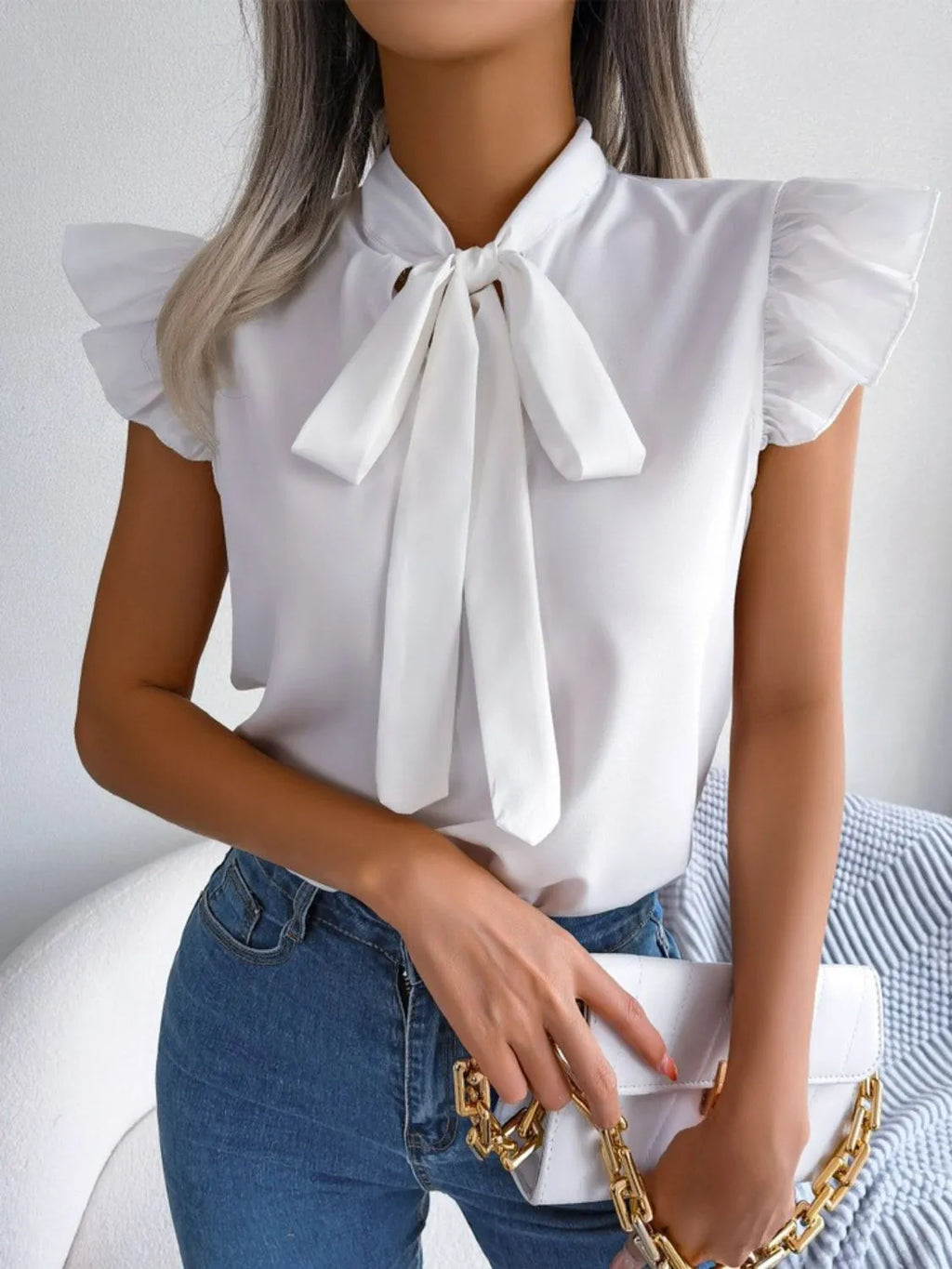 Women's Blouse Bow Tie Neck Ruffle Cap Short Sleeve Top 39aa4f24-4a7e-48f7-a198-80ae566fe77d-Max-Origin Trendsi