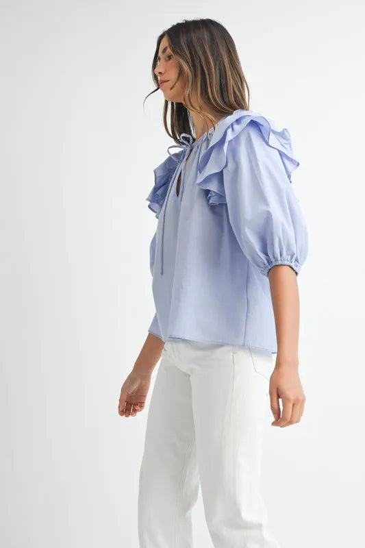 MABLE Blouse Puff Sleeve Layered Ruffle Shoulder Tied Light Blue Top 39af4999-a7fa-4b99-8e84-a52ec1cfa5bf-Max-Origin Trendsi