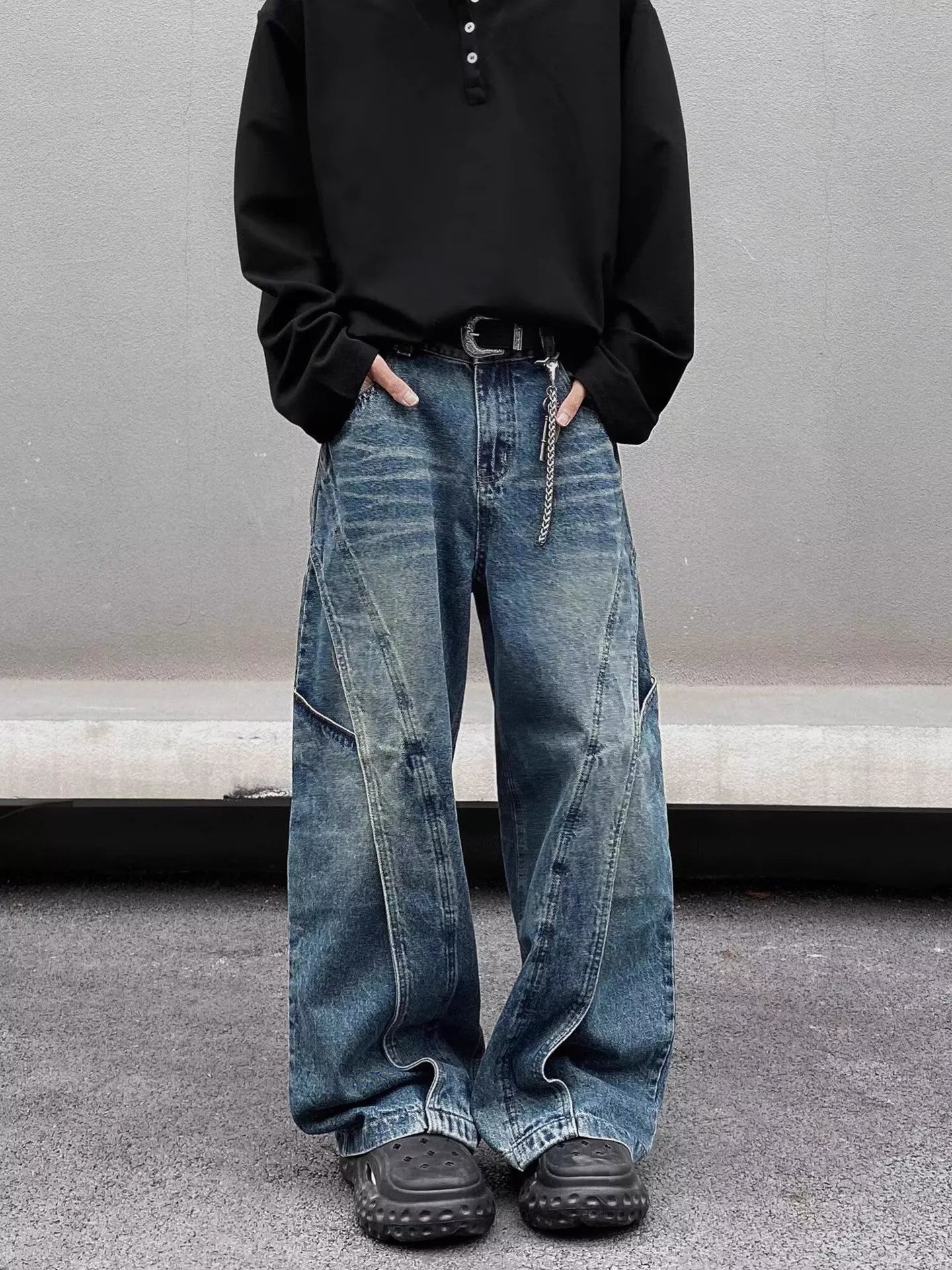 Men's Full-Length Washed Wide Leg Jeans, Plus Sizes Available