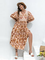 Plus Size Printed Midi Dress with Tie Neck and Half Sleeves