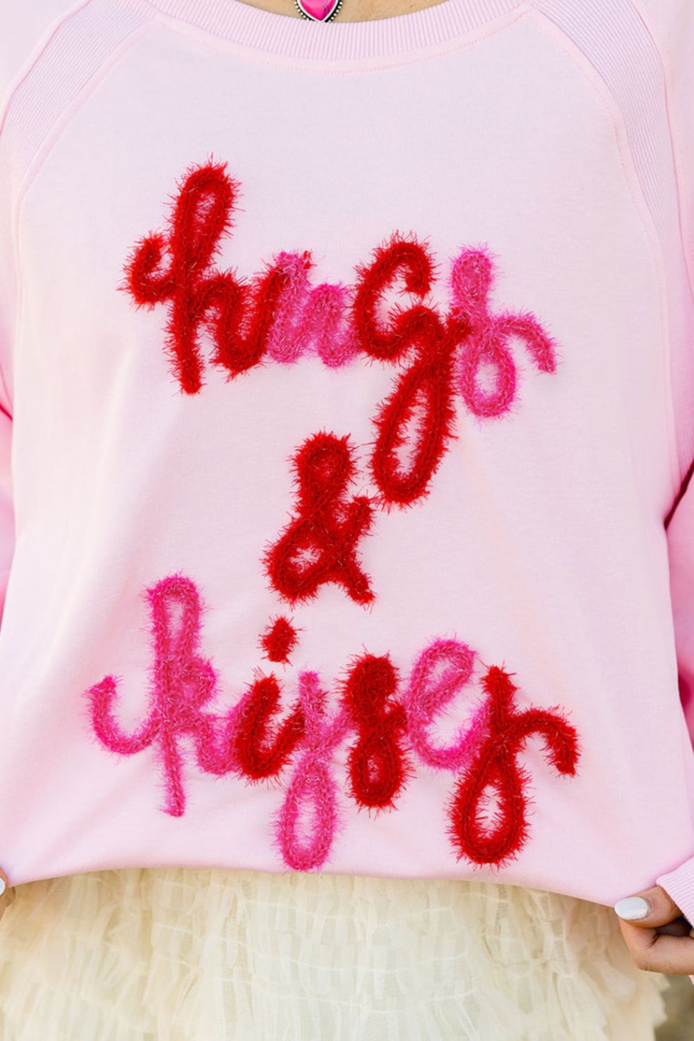 Valentine’s Day Pink Sweatshirt HUG AND KISSES Embroidery Round Neck Tops