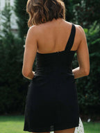 Mini Dress Ruched One-Shoulder Asymmetrical Side Tied Cotton Blend 39c7079fc8dc4e3ab6b2a3a91061a289-Max-Origin Trendsi