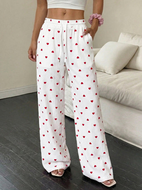 Heart Print Drawstring Waist Wide Leg Pants