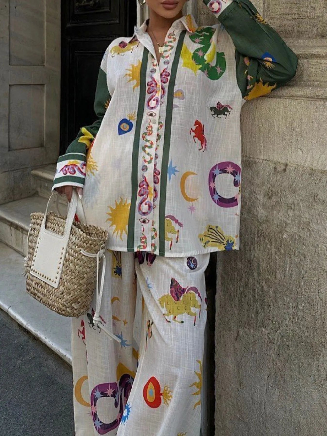 Women's Outfit Set Button Up Shirt and Wide Leg Pants White Summer Print 2 Pcs 39caf6af-69b5-43c6-b30a-ee2f0e72022f-Max-Origin Trendsi