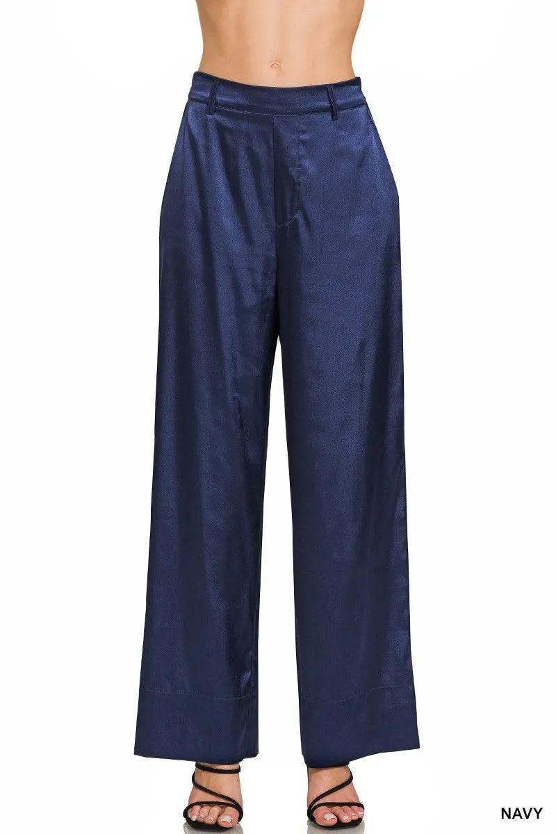 Zenana Satin Pants Wide-Leg Navy Blue Trousers NAVY 39cd4648f6644194a8203ada3e52f77a-Max-Origin Trendsi