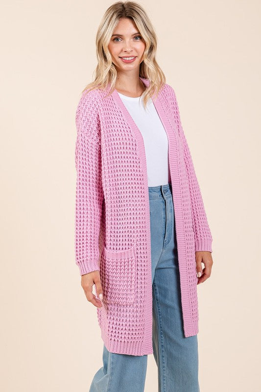 Mittoshop Pink Waffle-Knit Longline Cardigan with Pockets