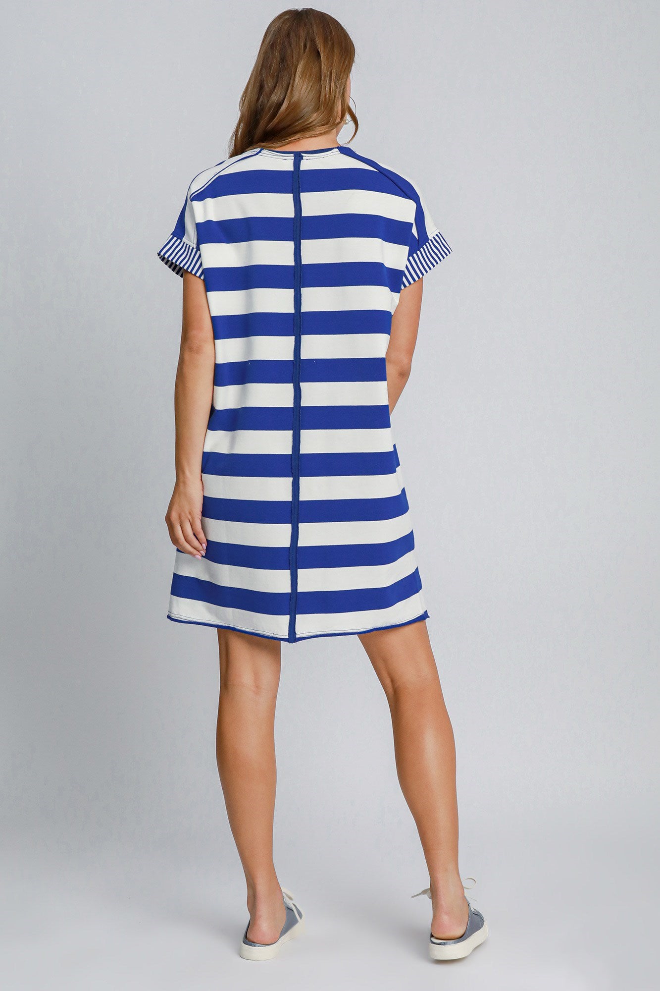 Umgee USA Mini Dress Striped Royal Blue Peace Applique Short Sleeve