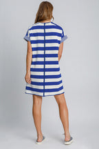 Umgee USA Mini Dress Striped Royal Blue Peace Applique Short Sleeve 39d22f0f-9dfa-4676-9048-a7e56d3d6867-Max Trendsi
