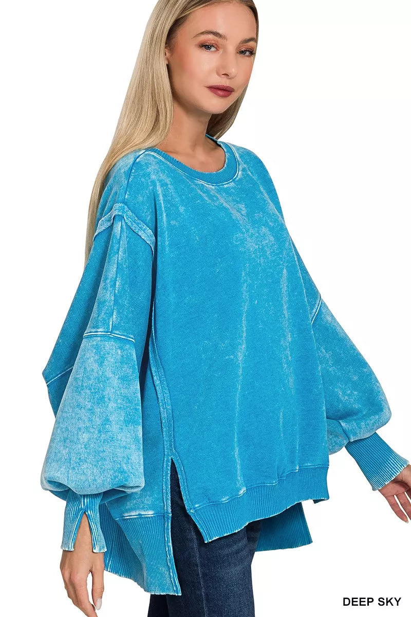 Zenana Fleece Sweatshirt Deep Sky Acid Washed Batwing Sleeve Top 39dd5e33715c4043a9ea77ed2decdfbf-Max-Origin Trendsi