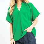 Umgee USA Textured Blouse Casual Green V-Neck Scalloped Hem Short Ballon Sleeve
