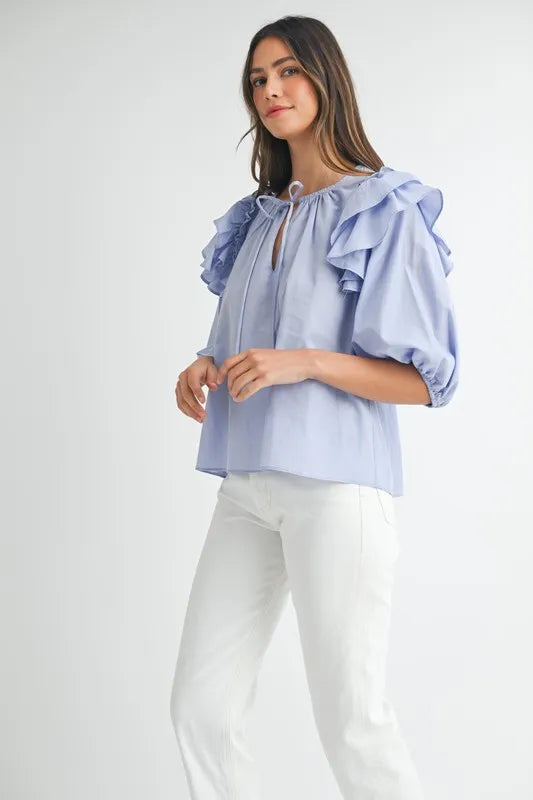 MABLE Blouse Puff Sleeve Layered Ruffle Shoulder Tied Light Blue Top 39e02c51-7f0a-4b0f-ac77-a42f72ec0021-Max-Origin Trendsi