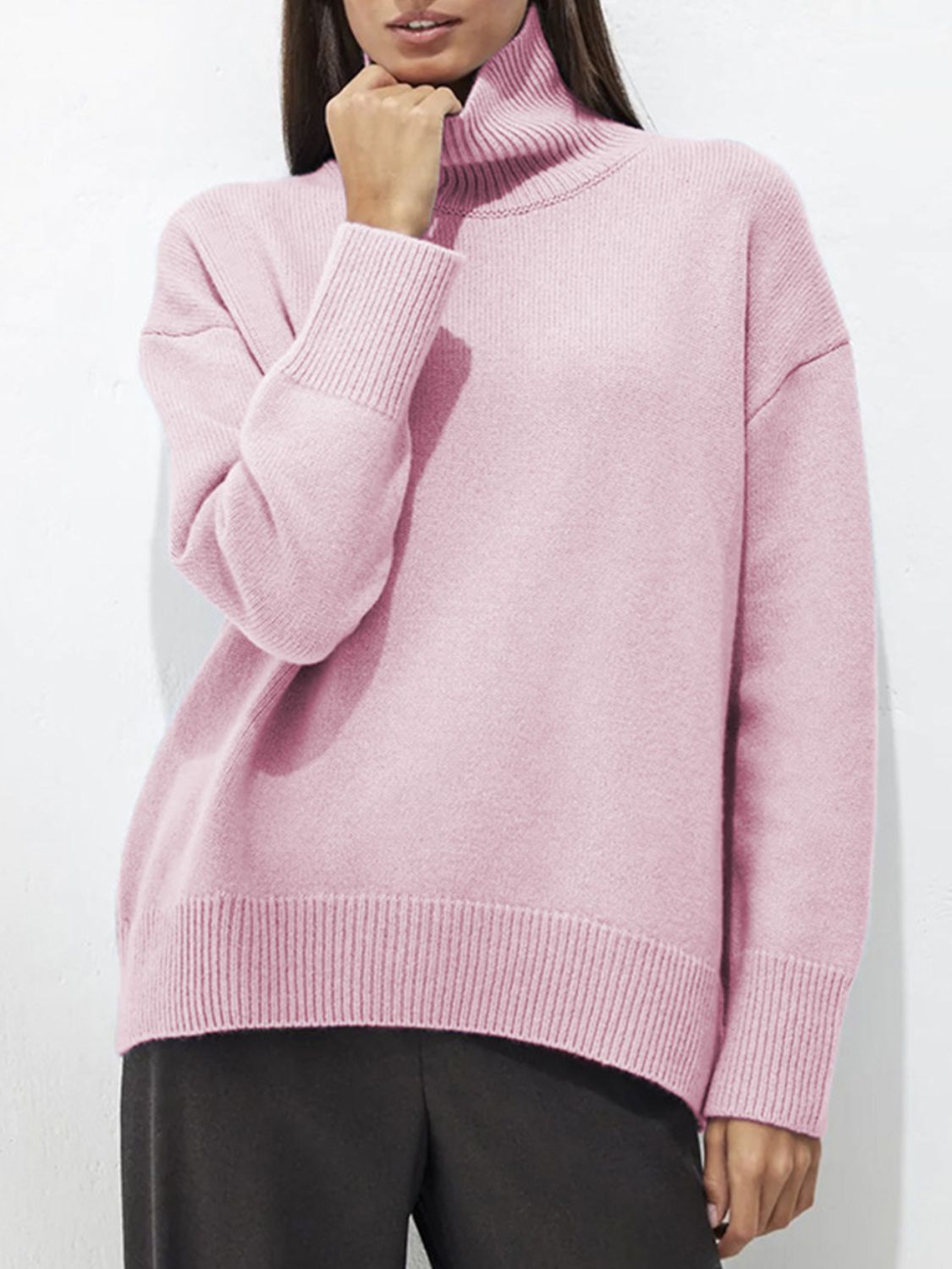 Turtleneck Women Sweater Basic Solid Oversized Long Sleeve Soft Knit Acrylic