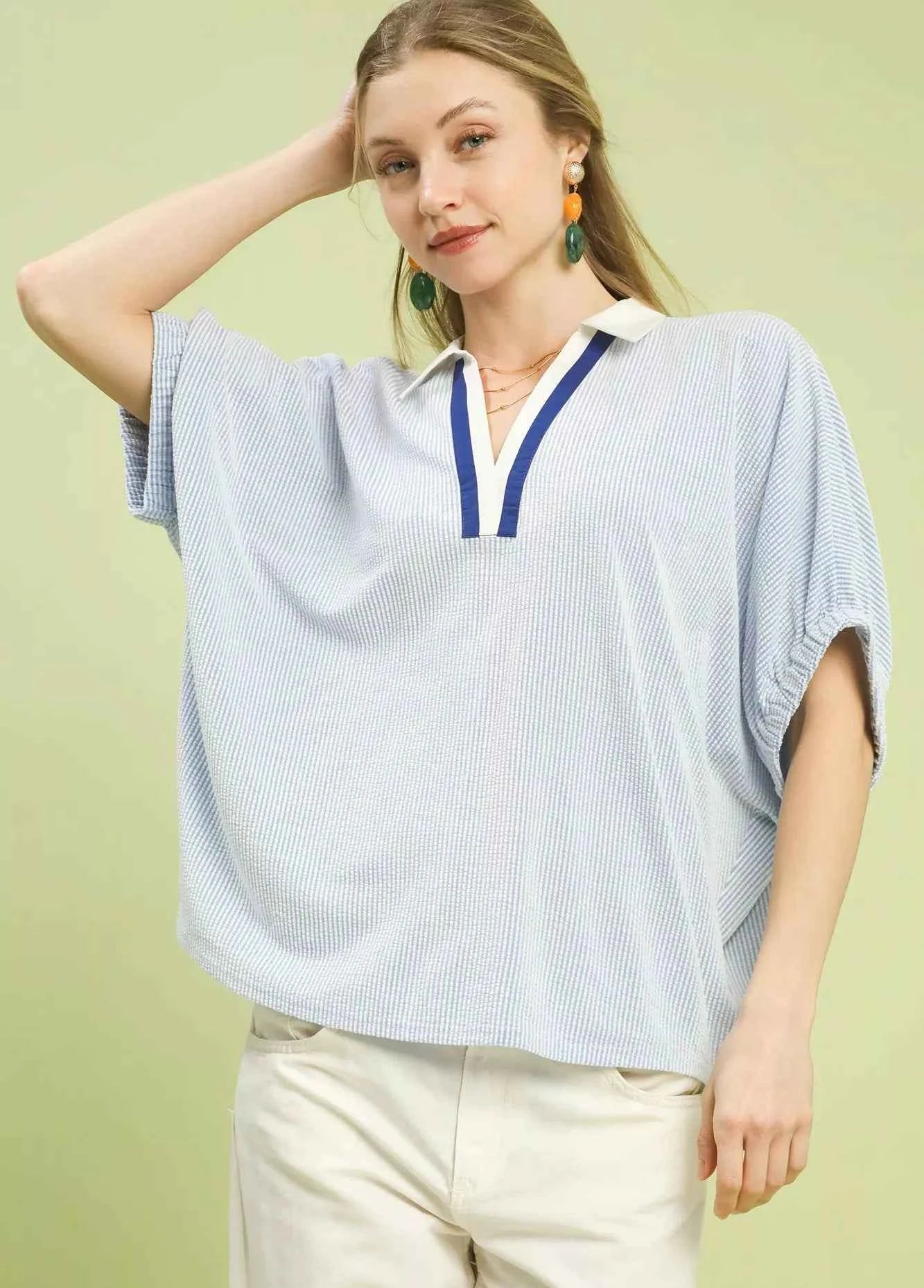 Umgee Blouse Light Blue Contrast Collar V-Neck Top Short Sleeve BLUE 39e6d025-8314-45fc-a94a-c0d1dc4a0ce0-Max-Origin Trendsi