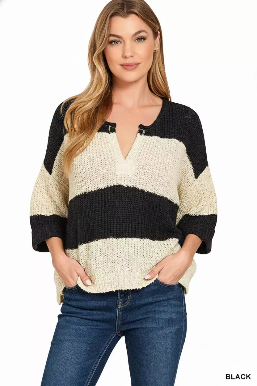 Zenana Womens Sweater Black Stripe Split Neck Oversized Knit Top Short Sleeve 39e714e2-40a4-4974-98e1-e0f2d4b2044e-Max-Origin Trendsi