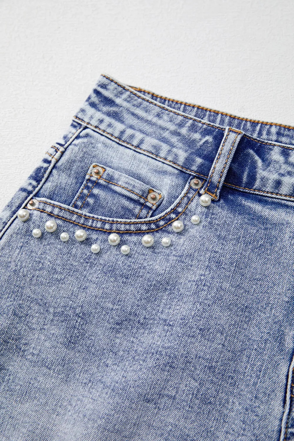 Denim Shorts Pearl Studded Pockets Raw Hem Light Blue 39ec09cc-1e06-4ccd-9f63-9abc6fdca564-Max-Origin Trendsi