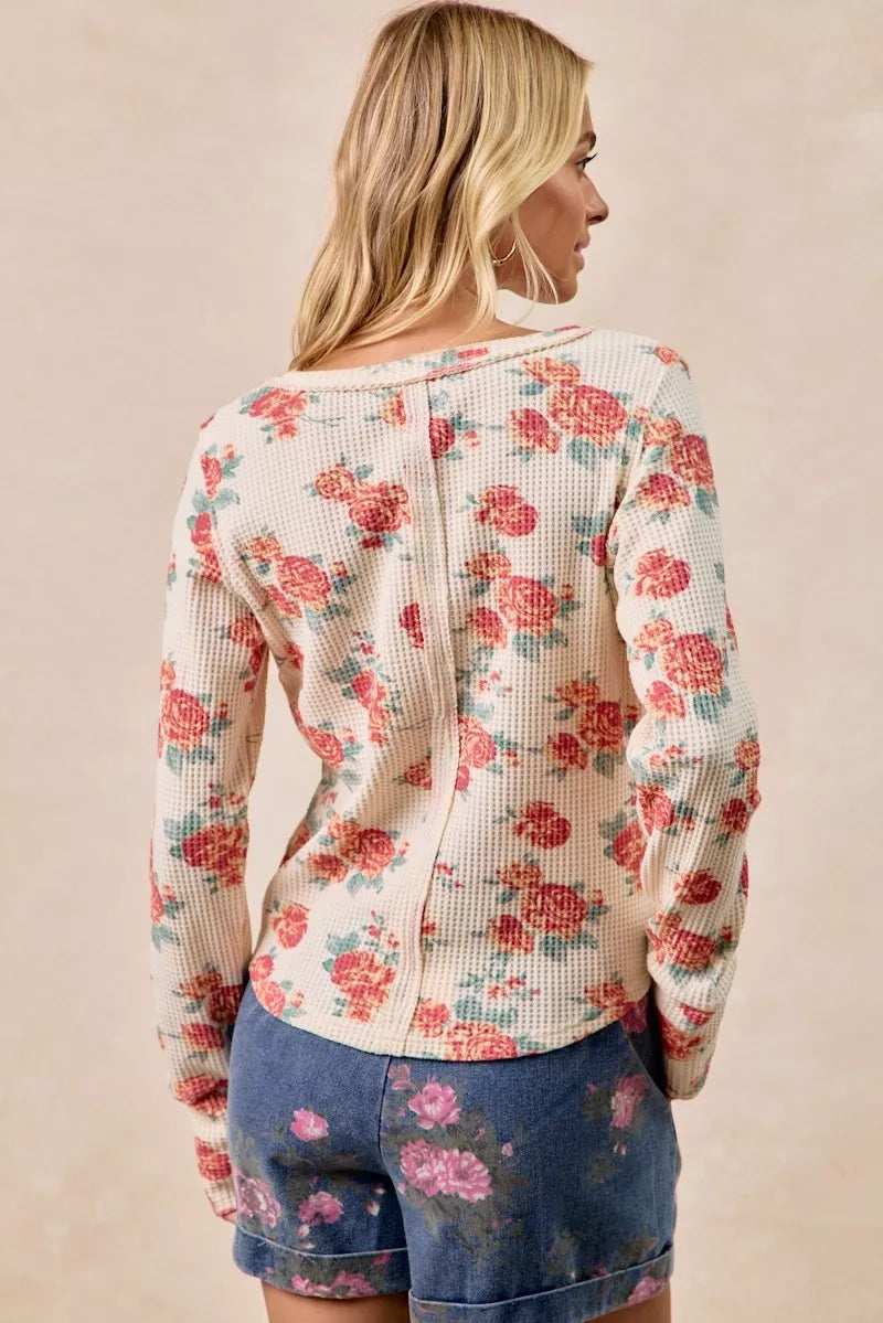 BiBi Womens Knit Top Floral Print Washed Waffle Thermal Blouse 39f4264da73a45cdb15ba352320abdef-Max-Origin Trendsi