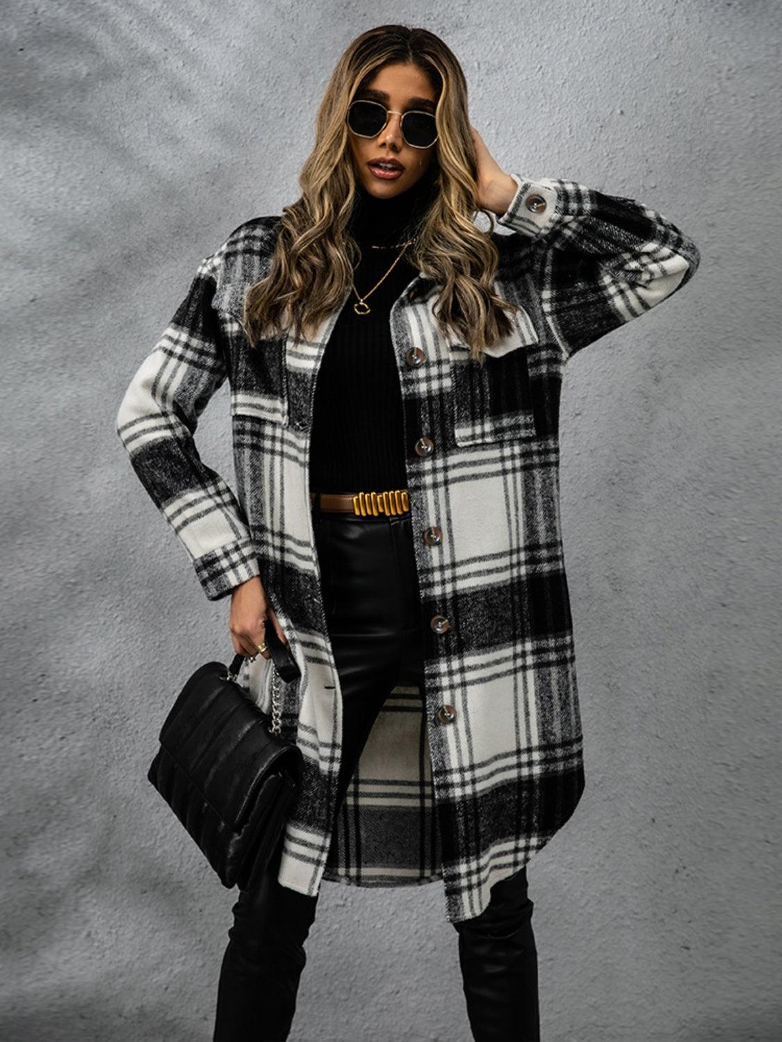 Plaid Coat Collared Neck Long Sleeve Pocketed Outwear 39f45ceb-229a-43d2-826e-f00f4b41a4f5-Max Trendsi