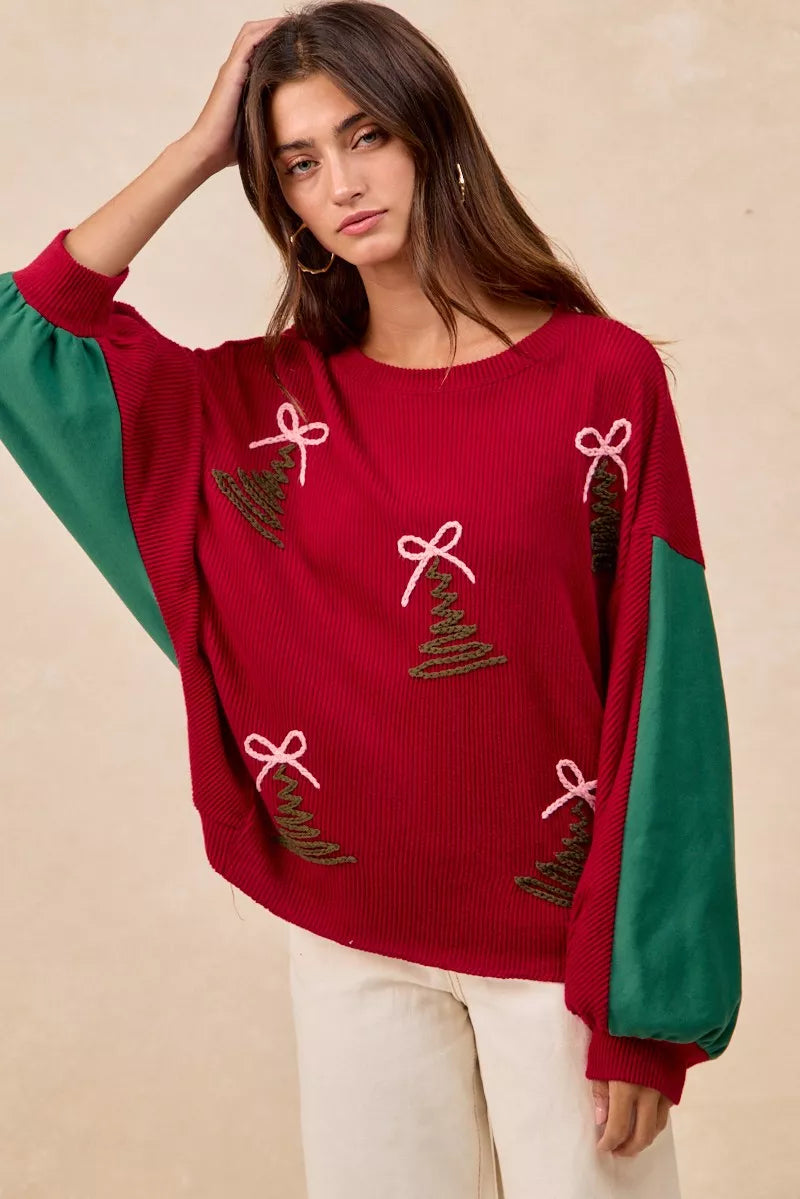 BiBi Womens Sweater Christmas Theme Tree Embroidered Red Pullover 39fc1ae554ac4a4597b40c73a021147b-Max-Origin Trendsi