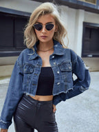 Denim Cropped Jacket Distressed Raw Hem Collared Neck Long Sleeve Medium 39fd95c7-5195-4b6a-a995-8b242a34d0cd-Max Trendsi