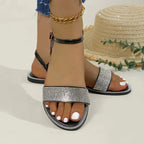 Rhinestone Women's Sandals Ankle Strap Pu Leather Open Toe Summer Flats