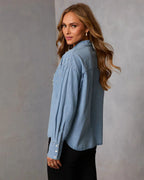 Casual Women's Denim Shirt Pearl Beaded Button-Up Long Sleeve Lightweight Top