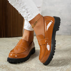 Woman Black Patent Leather Loafers Non-slip Platform Casual Shoes for Daily Wear