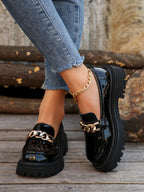 Women’s Patent Leather Shoes Classic Chain Design Chunky Loafers with Mid Heels