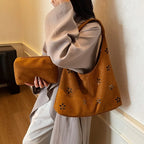 Women's Suede Shoulder Bag Floral Cutout Large Casual Handbags 2 in 1 Purses