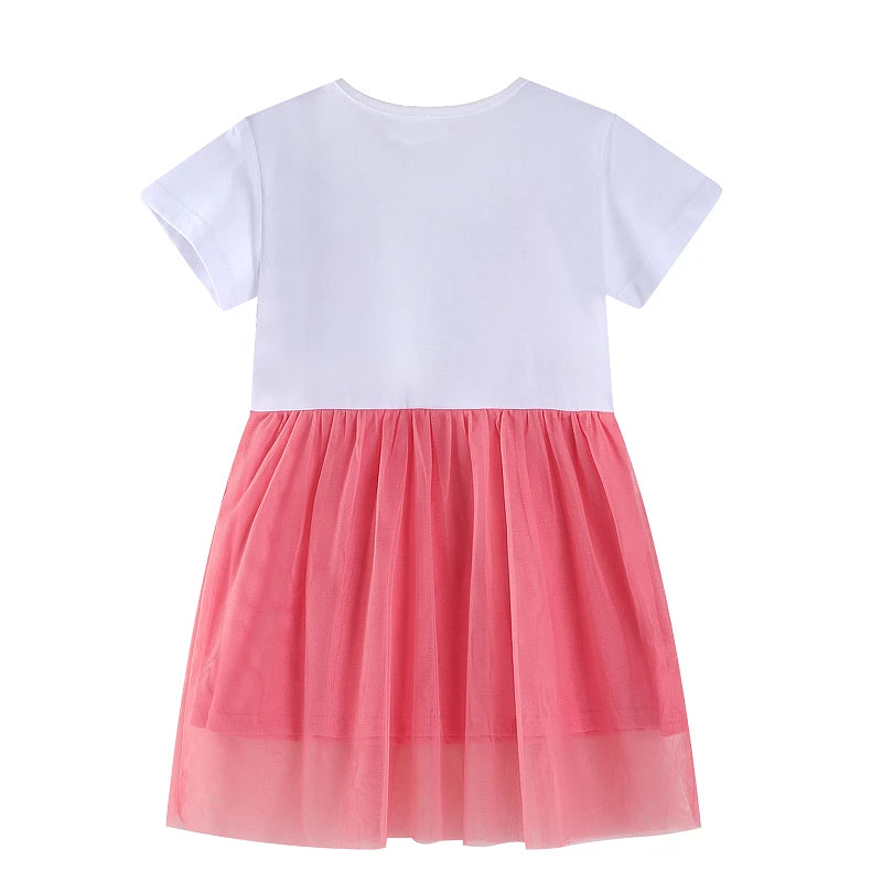 Girls Short Sleeves Dress Flowers Sequined Little Girls Mesh White Pink Ruffled 2-7Y