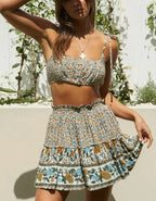 Women Floral Bohemian Outfits Strap Crop Tops Drawstring Mini Skirts Summer 2 Pcs