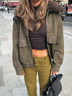 Women's  Faux Fur Collared Zip-Up Jacket with Pockets