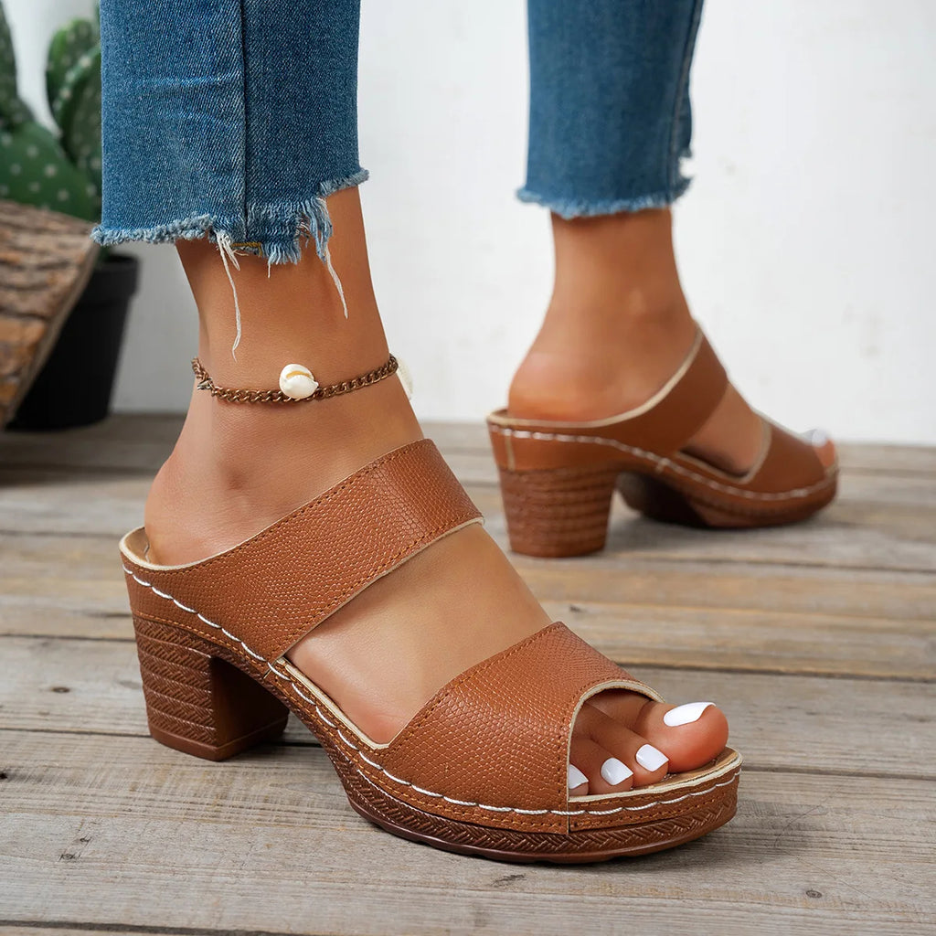 Open-Toe High Heel Slippers Women's Block Heel Sandals with Mid-Heel Height