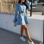 Streetwear Denim Shirt Dress Tie Neck Button Front Flare Long Sleeve Casual A-Line