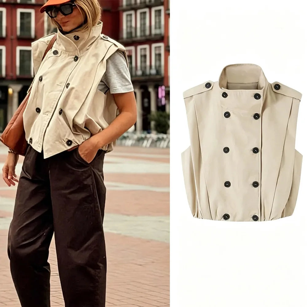 Casual Chic Women Tank Vest Top Stand Collar Double Breasted Sleeveless Top Fashion