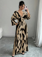 Women's Elegant Abstract Print Wide Leg Jumpsuit Belted V-Neck Long Sleeve Overall