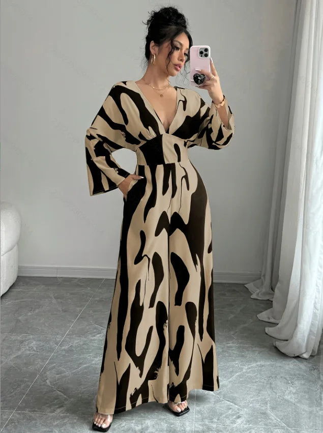 Women's Elegant Abstract Print Wide Leg Jumpsuit Belted V-Neck Long Sleeve Overall
