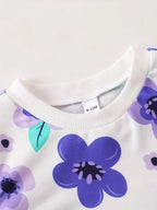 Girl's Outfit Set White Sweatshirt Floral Print Long Sleeve Top and Purple Leggings